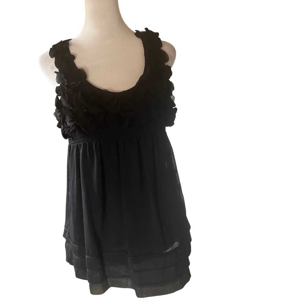 ECI New York Women Y2K Whimsigoth‎ Tiered Babydoll Smocked Top 6 Black Chiffon